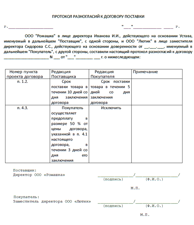 Протокол разногласий к договору:образцы договоров, как оформить договор  разногласий к контракту